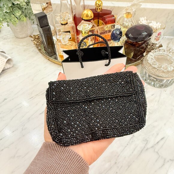 Vintage French Black Beaded Belt Bag with Chanel Gift Bag 5" X 3.5" - Picture 3 of 17